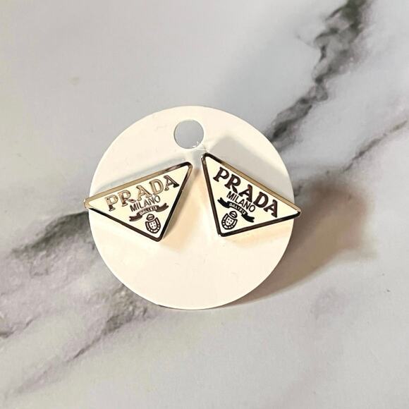PRADA Triangle Logo Stud Earrings – Pierced, Stamped - White/Silver - Picture 3 of 4